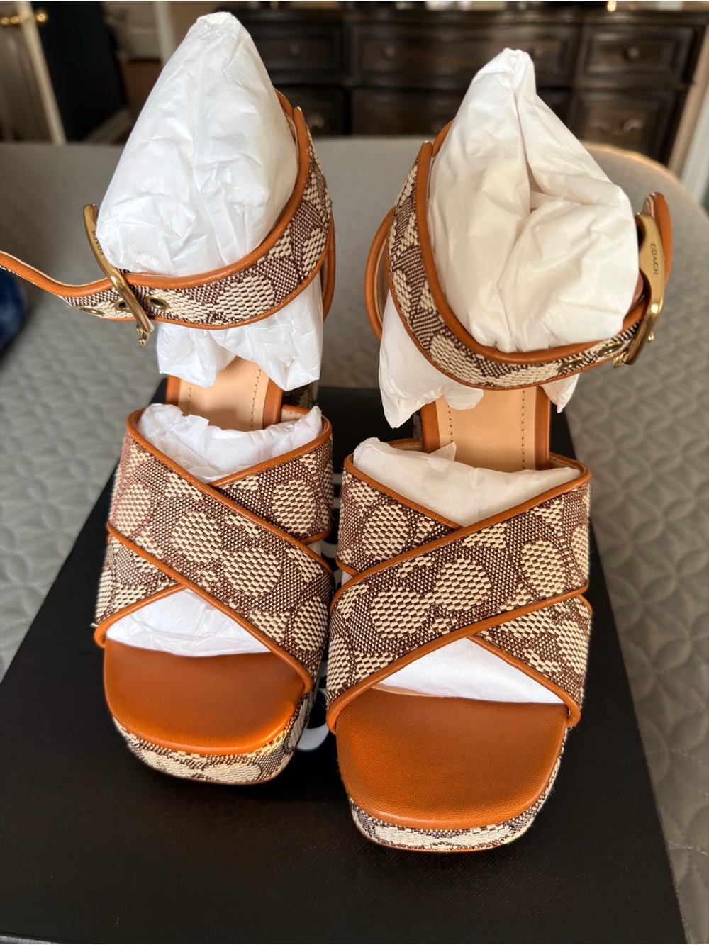 Coach Brown & Cream Canvas Platform Sandals with Ankle Strap - Picture 2 of 10